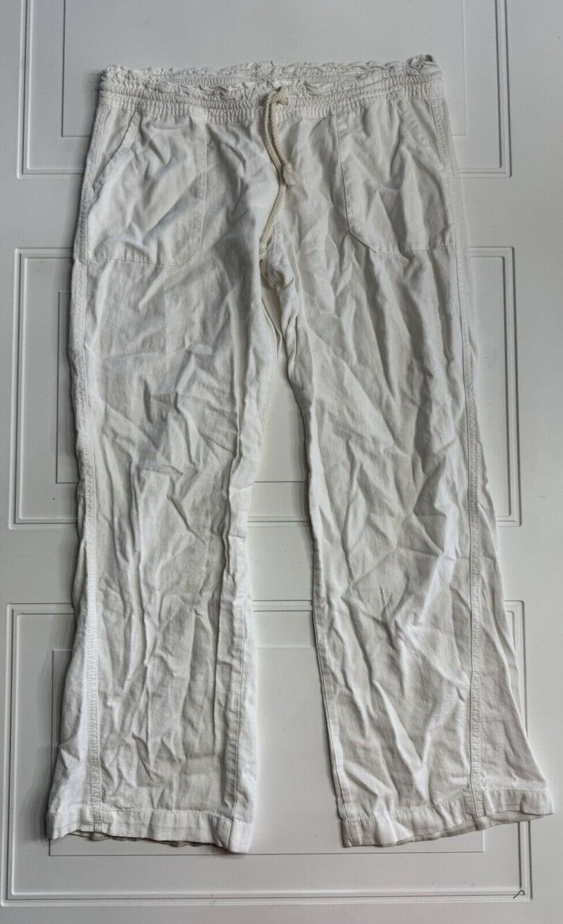 Cali 1850 Womens Sz M Linen Blend White Wide Leg Pants Drawstring Elastic Waist